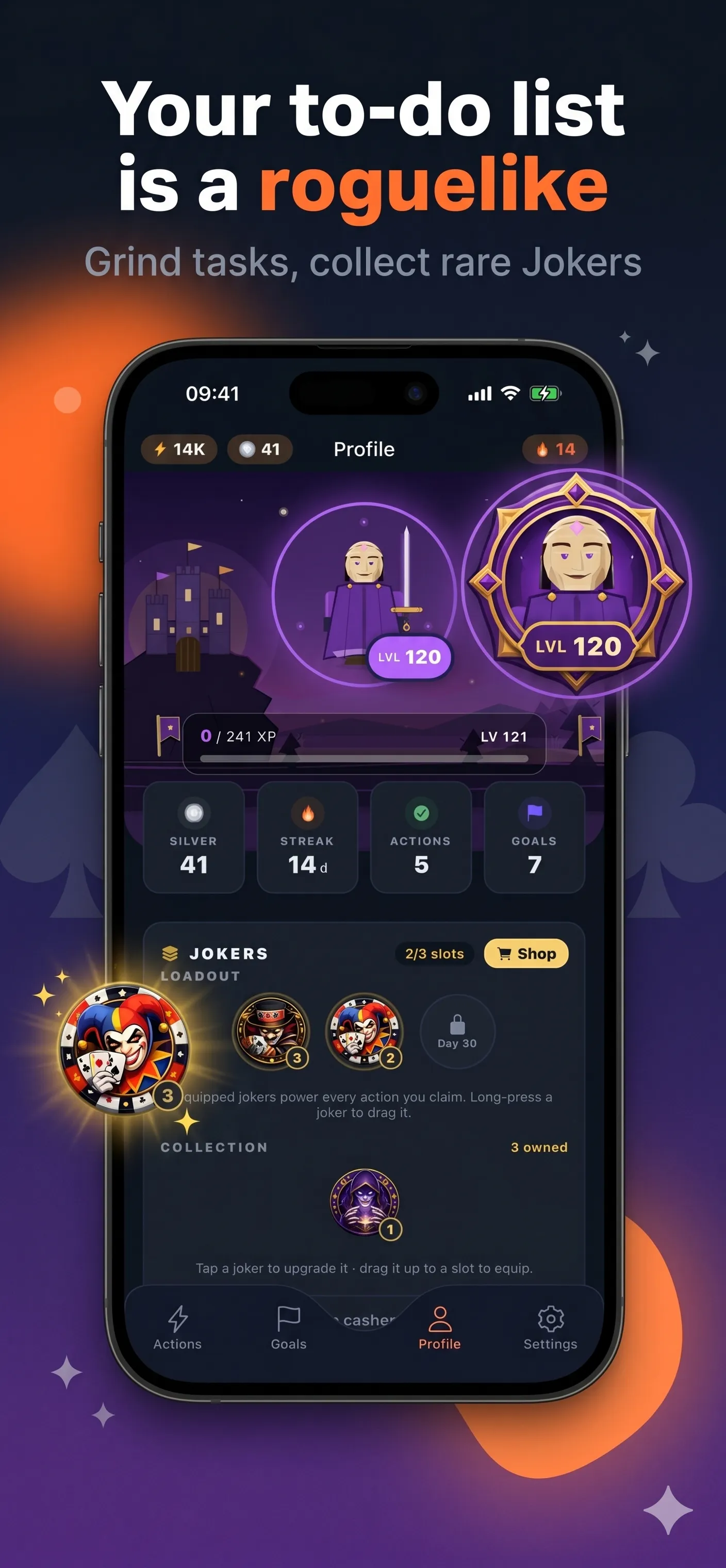 ActionPoints profile screen with a Hero-tier character, Silver wallet and Joker loadout.
