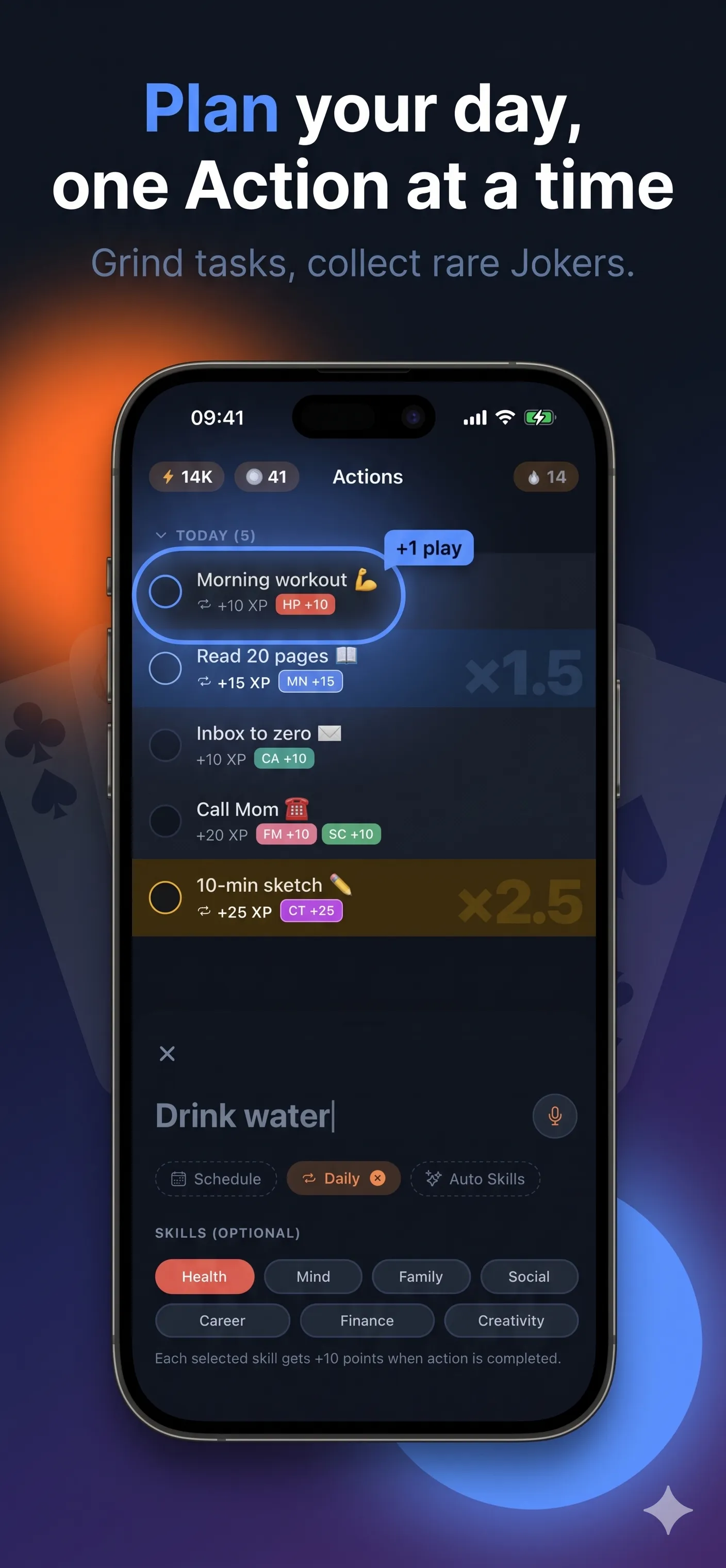 ActionPoints Actions tab listing the day’s tasks with skill dots and reward-card pills.