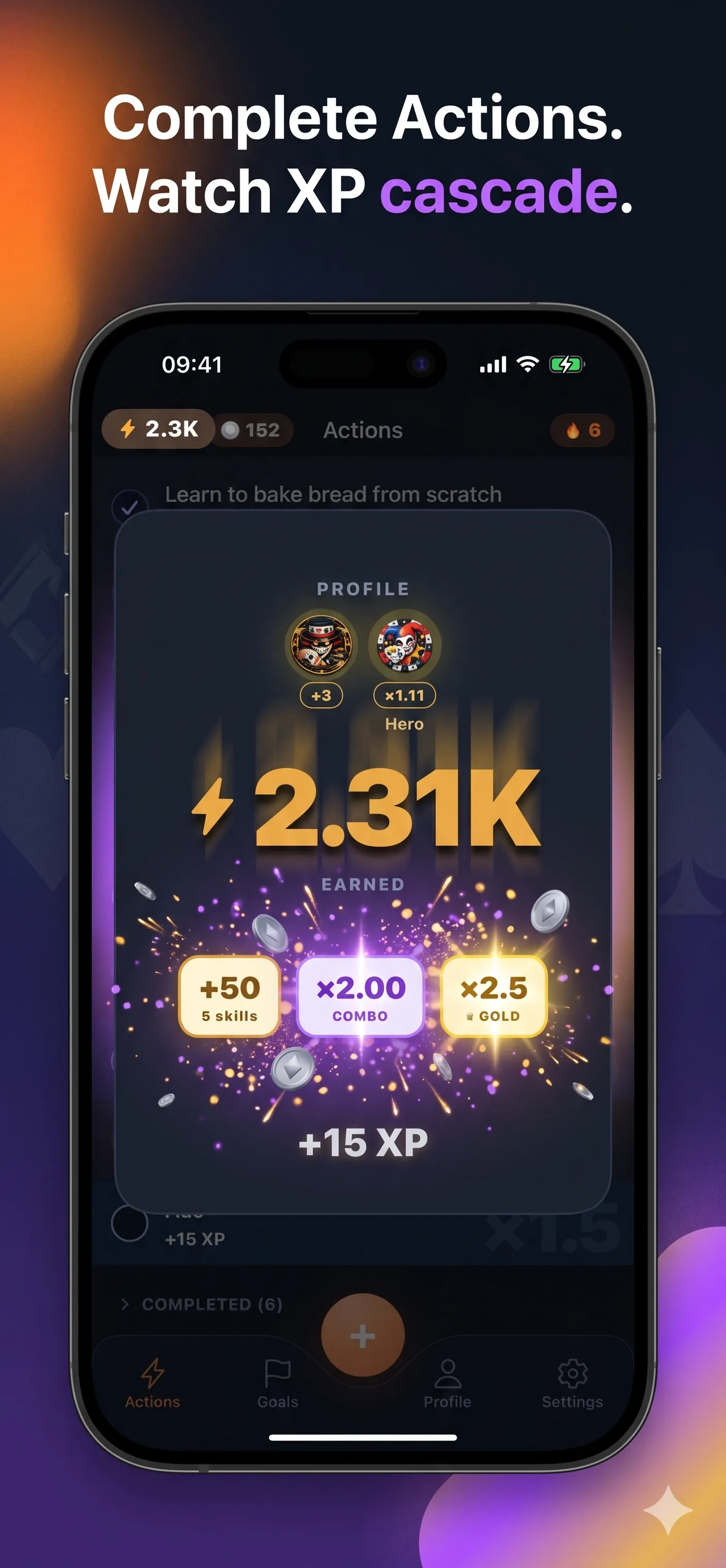 Claim Reward modal showing the XP cascade with BASE × combo × card multipliers.