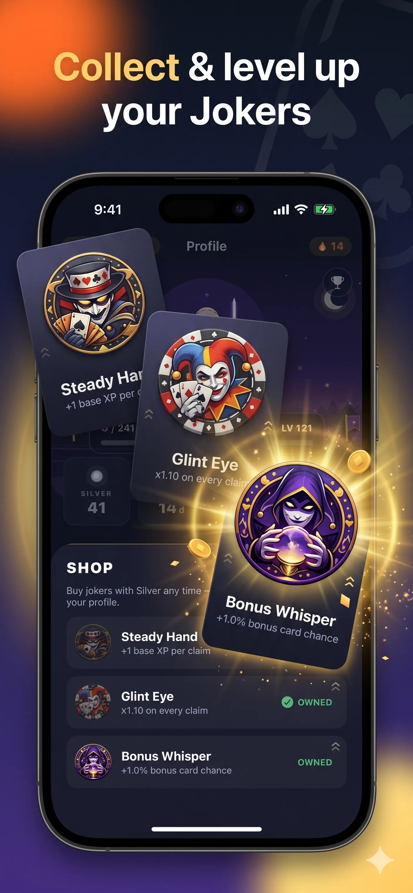 ActionPoints Joker shop showing the Steady Hand, Glint Eye and Bonus Whisper chips ready to collect.